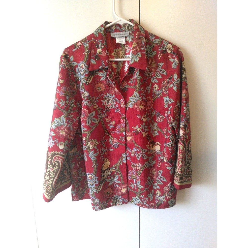 Women's Vintage Button Front Top Size 18 Floral Birds Beaded Elegant Statement